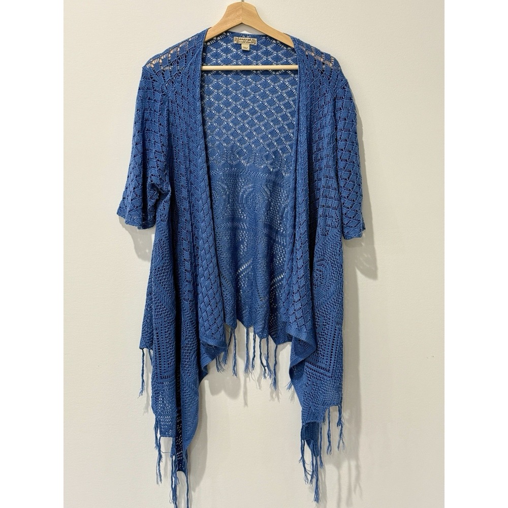 Energie Open Crochet Fringe Cardigan in Blue
